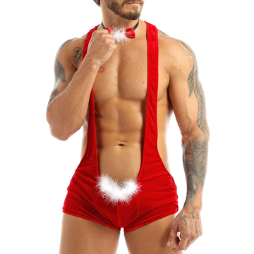 Men's Xmas Bodysuit with Bowtie / Racerback Red Leotard with Faux Feather / Sexy Clothing for Men - EVE's SECRETS
